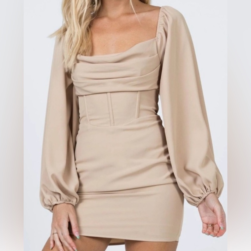 BRAND NEW Princess Polly Beige Long Sleeve Mini Dress with Structured Bodice